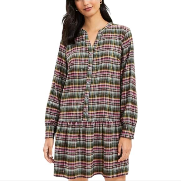 LOFT Purple, Green, and White Plaid Flounce Babydoll Dress‎ Size Small New - Picture 1 of 14